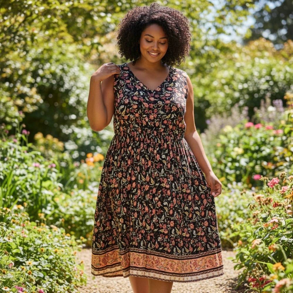 Pinup Fashion Summer Maxi Dress 2X Floral red black Boho Pockets EUC Cottagecore - Picture 7 of 7